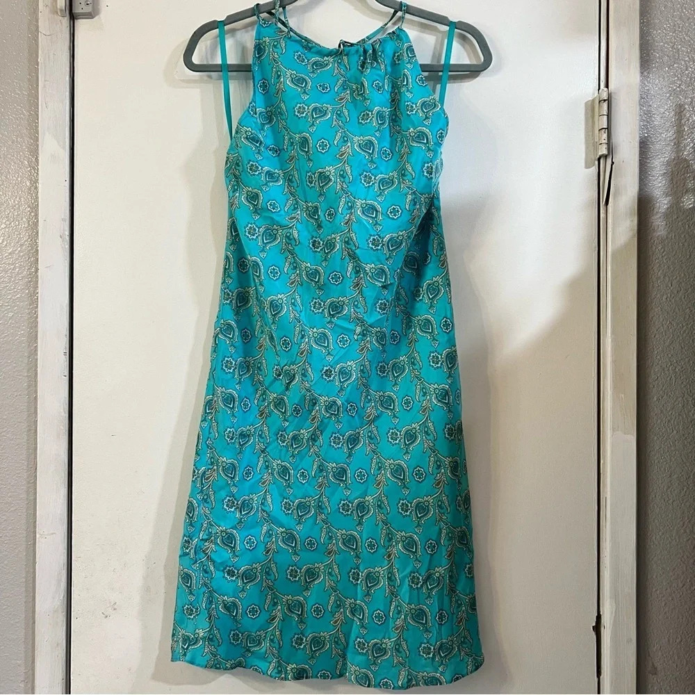 GAP Vintage Paisley Halter Dress Silk Slip Size 2 Small Blue Open Back Whimsy